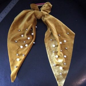 Margaret Joseph Macbeth Collection Gold Velvet Hair tie w bow & Pearls